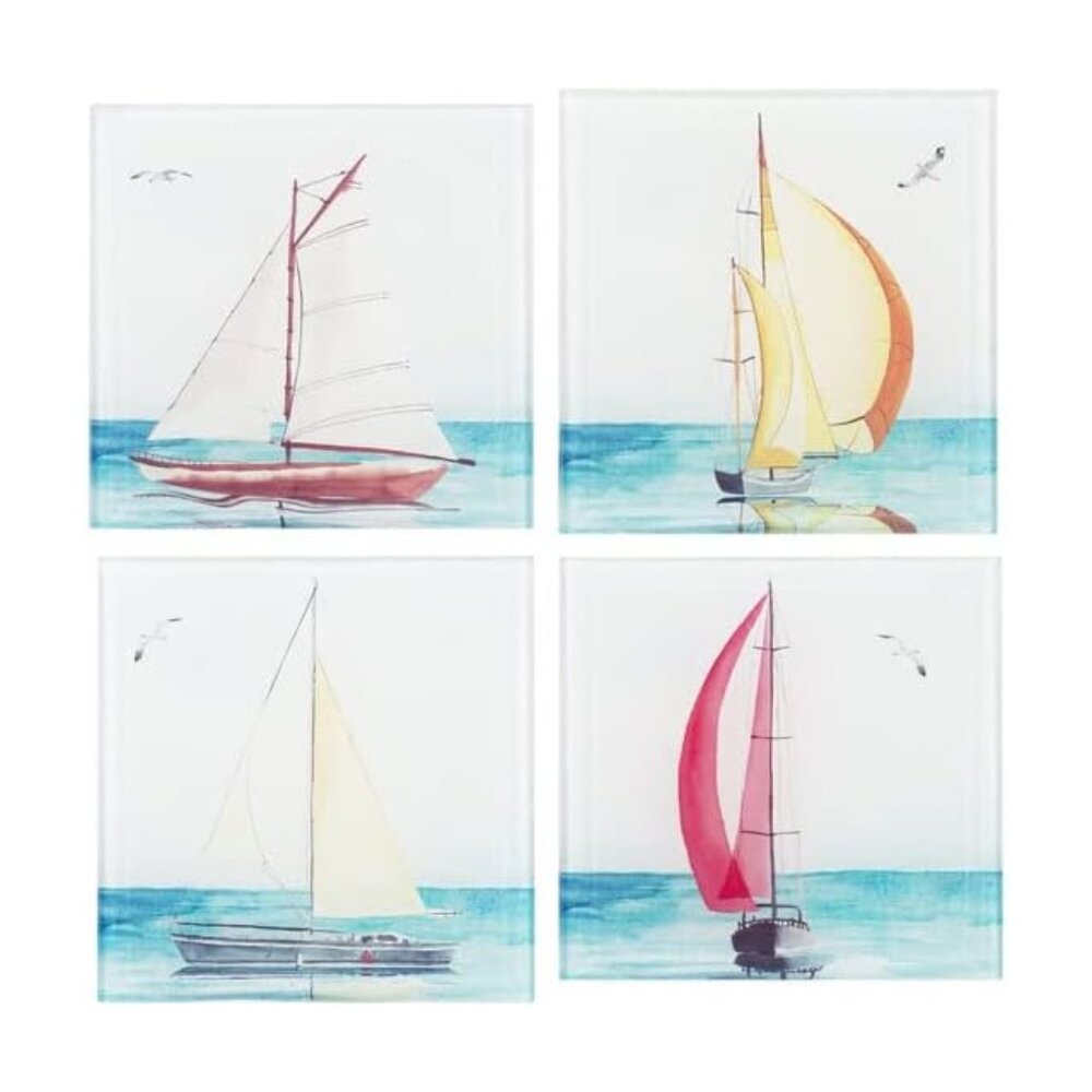 Ganz Sailboat Coaster Set with Holder, Glass and Wood Set of 4 NEW